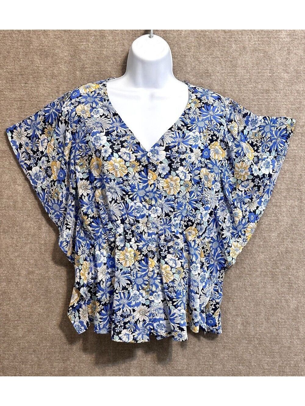 New Easel Blouse Blue Floral Top Women’s M Airy Elastic Waist Feminine Dressy